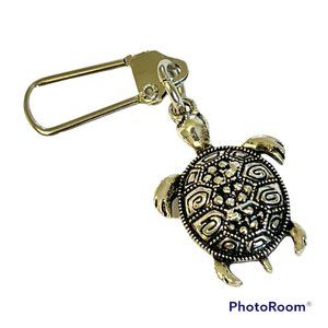 Marcasite Crystal Turtle Keychain Zipper Pull Purse Charm Backpack Silver Plated